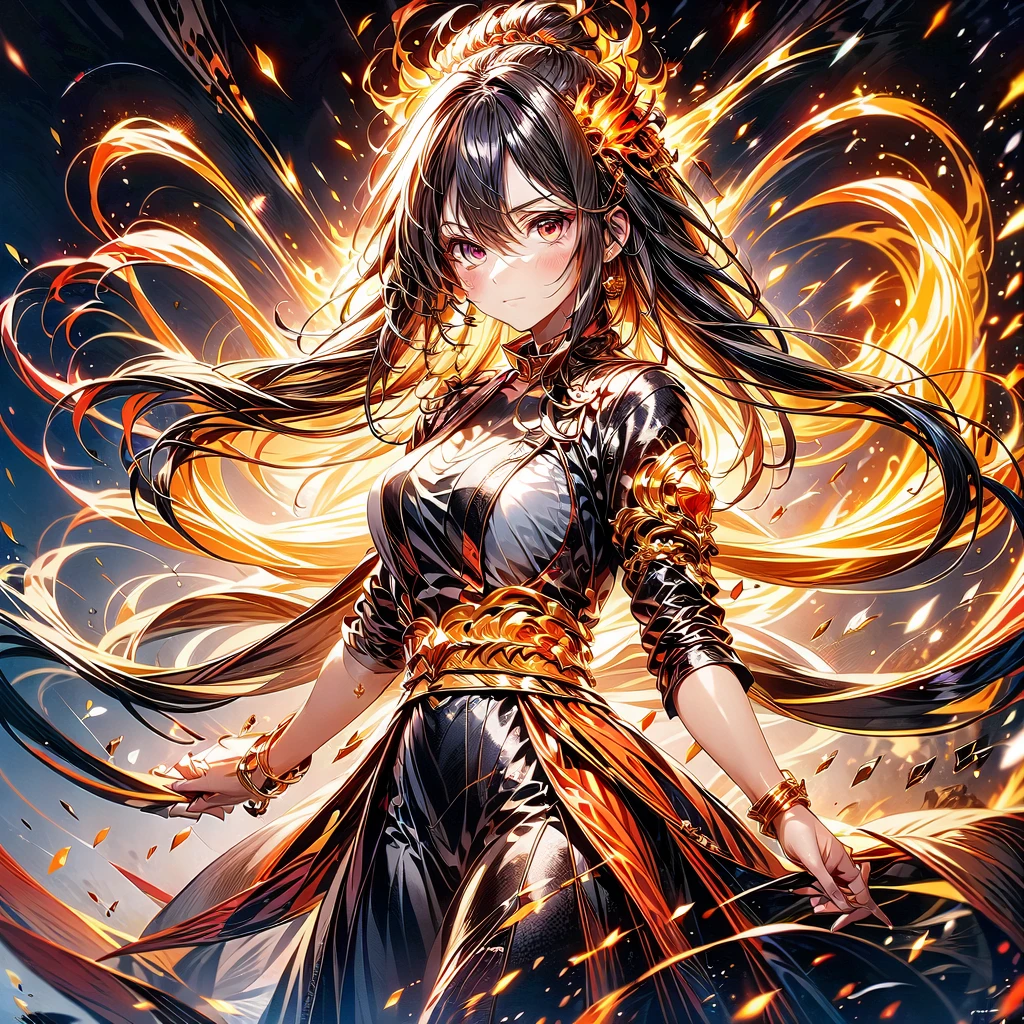 1girl,(((Highest quality、Masterpiece、Official Art、Super detailed、The best dynamic composition、Perfect Anatomy)))、Anime Style、Incarnation of Fire、Girl on Fire、He is accompanied by a fire dragon.、Fractal art of flames、Award-winning works、Holding a fireball in his hand、Serious face、Combat Ready、Cool pose、blow up from below🔥、Gray Hair、