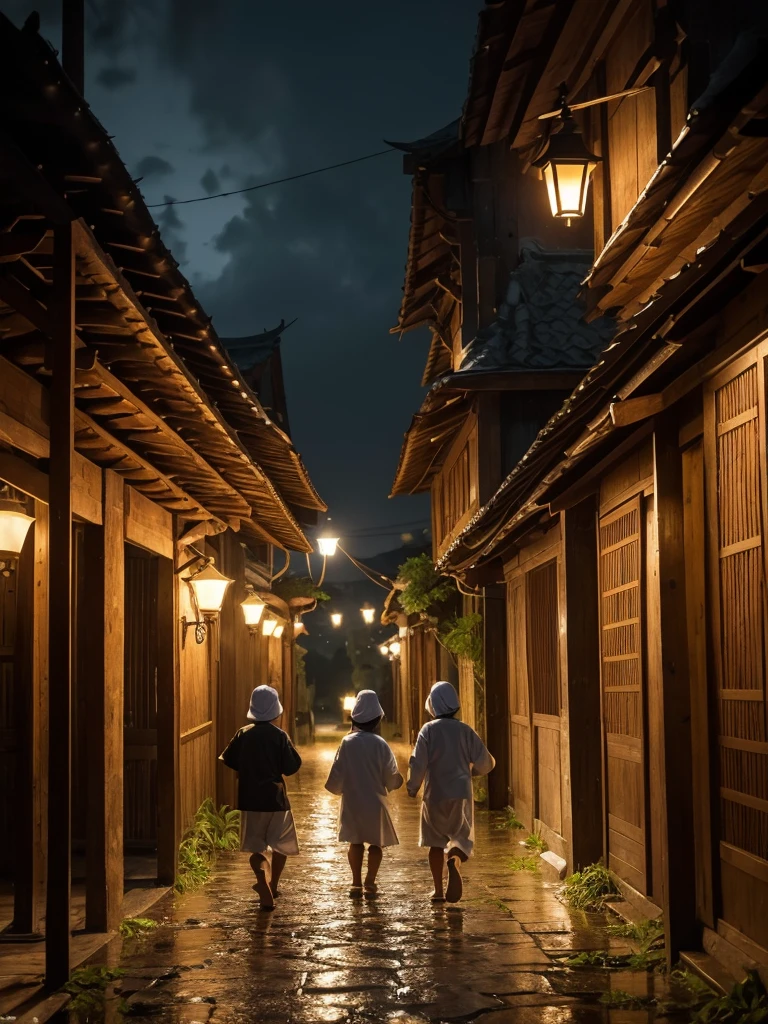 
(Best quality, masterpiece, 8k highly detailed, hyper realistic) Rainy nigh at the village with light from traditional gasoline street lamp, three Indonesian boys ager with Moslem outfit, running while holding  banana leaf above they head . Behind them there is an old mosque with wall from bamboo.