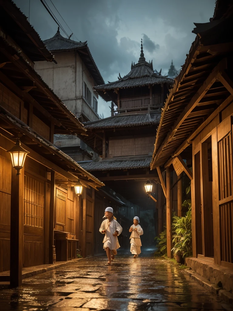 (Best quality, masterpiece, 8k highly detailed, hyper realistic) Rainy nigh at the village with light from traditional gasoline street lamp, three Indonesian boys ager with Moslem outfit, running while holding banana leaf above they head . Behind them there is an old mosque with wall from bamboo.