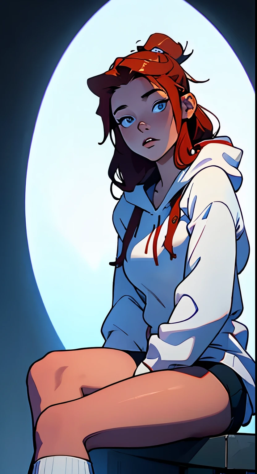 masterpiece, best quality, half body,1girl, highest image quality, 21-year-old woman, looks like Olivia Dunne, bright red hair, blue eyes, wearing a white hoodie and thigh-high black socks, sad, large breasts, White background, empty background
