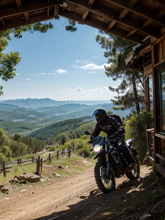 a man ride the vitage trail motorcycle in the mountain, with beautiful view, nature, with shelter, tracking, jump pose