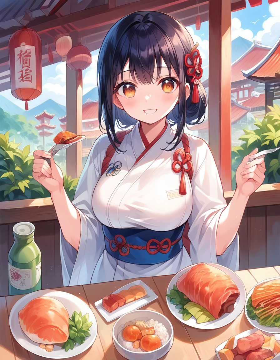 masterpiece, best quality, extremely detailed,anime,A woman, a smile, a restaurant, Japanese beef bowl, (((a ultra highest mountain of rice and meat)))