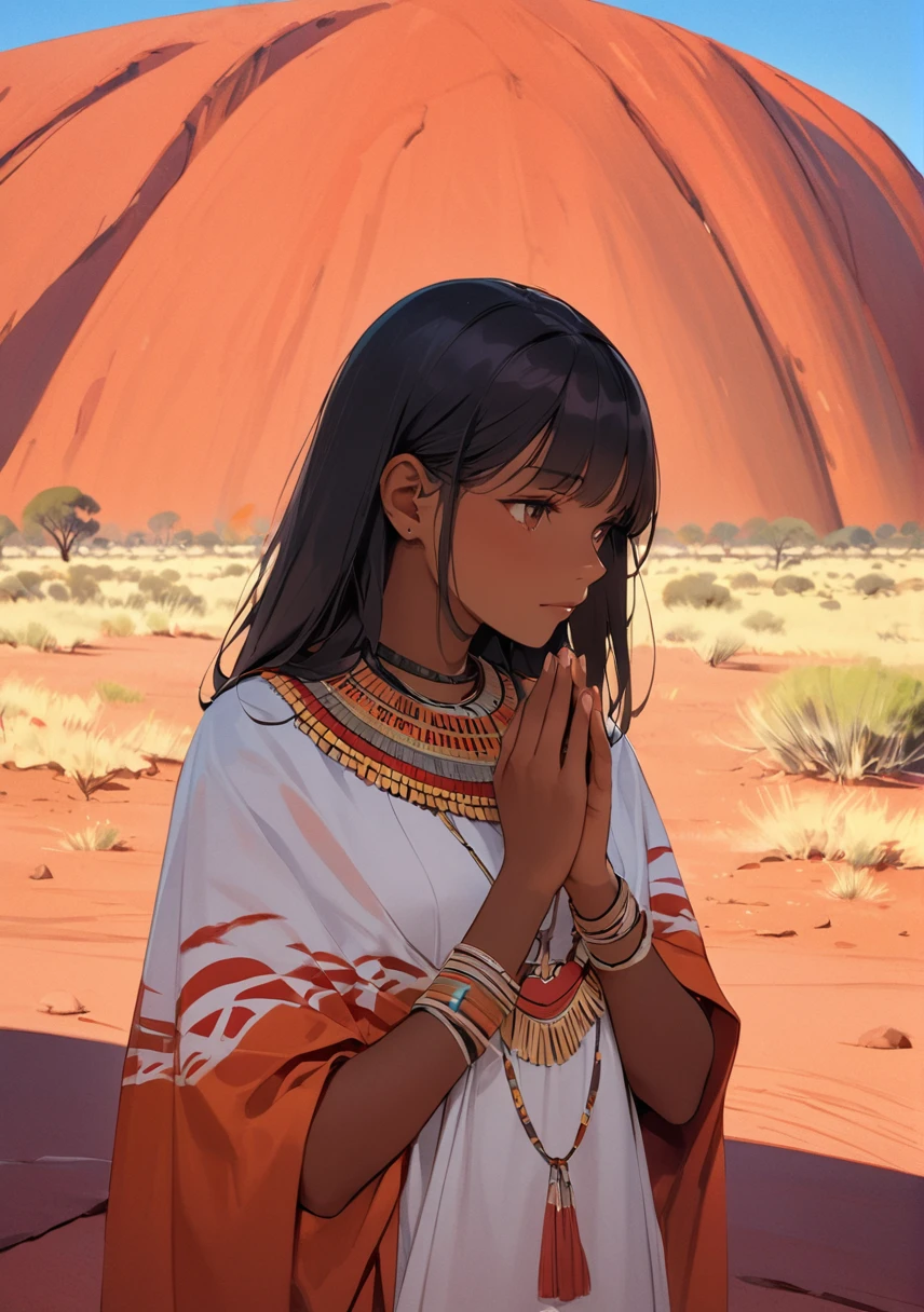 Aboriginal girl at Ayers Rock（Uluru）A scene of praying in front of the。少女はアボリジニがnakedにされ、Her face and body are adorned with ceremonial paint. She stands silently at the foot of Ayers Rock.、I&#39;m praying with open arms。The vast Australian desert spreads out in the background.、It is characterised by red sand and dry vegetation.。The sky is a beautiful shade of orange and purple at dusk.、In the distance you can see the desert horizon。The grandeur of Ayers Rock、Australia&#39;s natural beauty comes together、Create a mysterious and moving scene。(((nsfw)))(((((naked)))))(((((5 years old)))))((((infant))))((((Lolita))))Small breasts、whole body