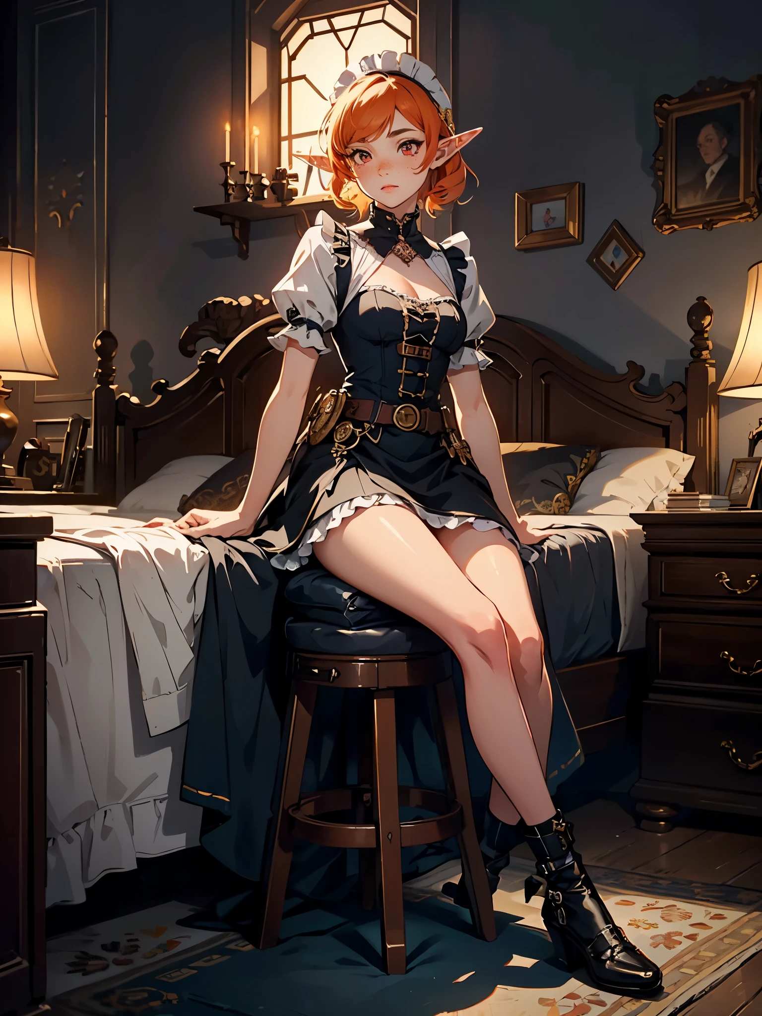 Sexy, red hair, small chest, fancy steampunk dress, looking at viewer, full body, stockings, no shoes, close up on feet, girl smirking smugly, looking up at her from underneath, foot close to camera