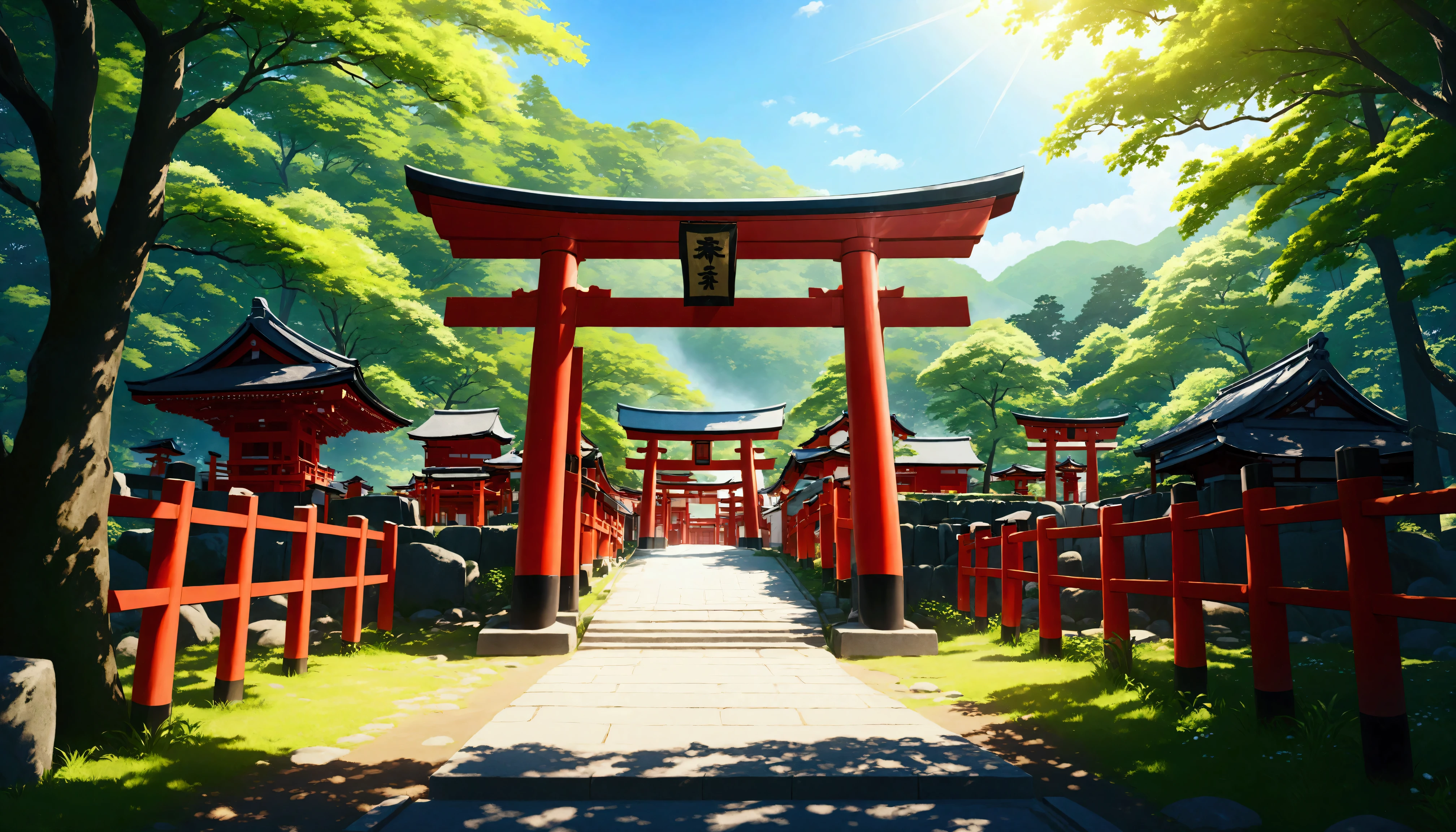 Japanese countryside,shrine,torii,Midsummer,sunny,Daytime,Highest quality, 8k, High resolution, masterpiece:1.2, Very detailed, Realistic:1.37, High resolution, 超High resolution, Very detailed, Professional, Vibrant colors