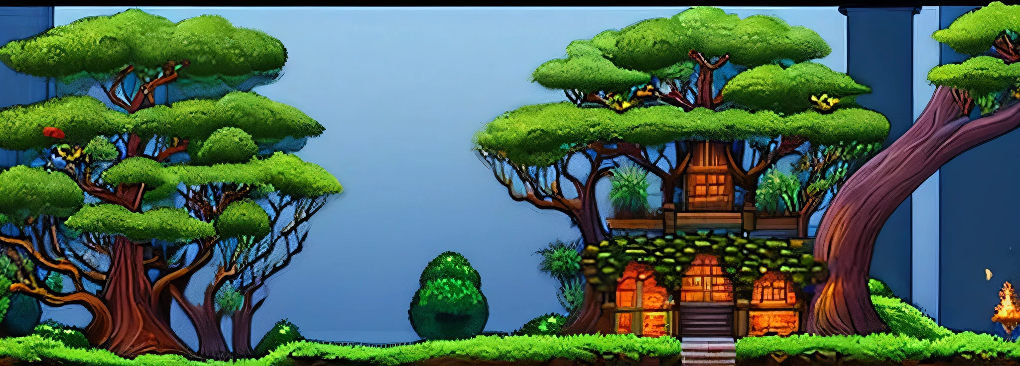 Theme: Castle-Tree Fusion
Game Genre: Metroidvania Platformer
Description:
Design a room that seamlessly blends elements of an ancient, mystical castle with those of a giant, sprawling tree. This hybrid environment should evoke a sense of adventure and mystery, typical of the Metroidvania genre, where exploration and discovery are key.
Key Elements:
Castle Architecture:
Stone Walls and Arches: Incorporate classic medieval stonework, with weathered bricks and moss-covered surfaces.
Stained Glass Windows: Feature intricate designs with vibrant colors, allowing light to filter through and cast beautiful patterns on the floor.
Torches and Chandeliers: Use these for lighting, giving a warm, flickering glow to the room. Some torches may be mounted on the tree's bark.
Gothic Furniture: Add wooden and iron furniture, such as tables, chairs, and bookshelves, blending seamlessly with the tree's roots and branches.
Tree Elements:
Massive Trunk and Branches: The room is built around or within a giant tree. The trunk should be prominent, with branches extending through walls and ceilings.
Roots and Vines: These should snake across the floor, walls, and ceiling, sometimes even forming part of the pathways and platforms.
Natural Light: Utilize gaps in the tree canopy or breaks in the walls to allow natural light to filter in, creating dappled shadows.
Leaves and Flowers: Scatter leaves and flowers around, adding touches of color and life.
Interactive Features:
Hidden Passages: Conceal secret doors behind vines or in the gaps between roots and stone.
Platforms and Ladders: Integrate wooden platforms and ladders that look like they have grown out of the tree, allowing for vertical exploration.
Traps and Obstacles: Include natural and man-made traps, such as thorny vines, falling branches, or collapsing stone floors.
Atmosphere:
Mystical and Ancient: The room should feel like it has been untouched for centuries, with an air of magic and mystery.
Ambient Sounds: Think of creak