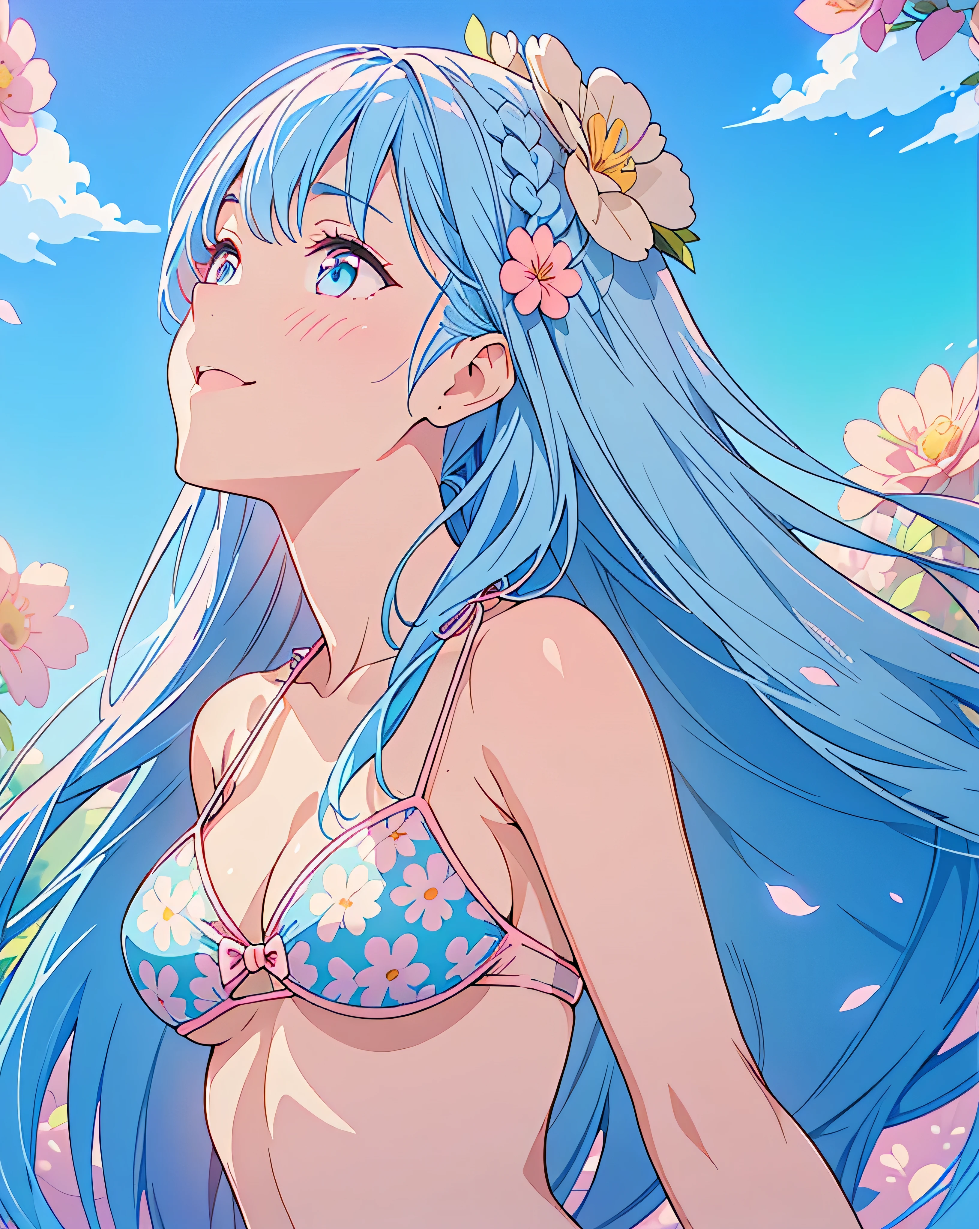 (Highest quality, 32K, High resolution, Masterpiece:1.5), god々A photograph with brilliant dazzling and healing power., Evoking a sense of calm and elusive beauty, Expressing emotions, Have a rich imagination, Beautiful Japanese Girls, An exceptionally beautiful face, ((Profile looking up at the sky:1.3)), Small Face Beauty, Perfect Human Anatomy, Magical big eyes, Motherhood and generosity, Deep Love, A cheerful smile, ((Shiny ash blue hair:1.3)), Super long straight silk hair that sways beautifully in the wind, Asymmetrical bangs, Hair between the eyes, Transparent, soft white skin, Sharp eyebrows, Thin lashes, Natural Makeup, Cheek highlighter, Pale pink detailed lips, ((Pastel pink floral bikini:1.4)), ((Blue sky background:1.3)), Professional photographer, Professional Lighting, Professional models, God's Secret