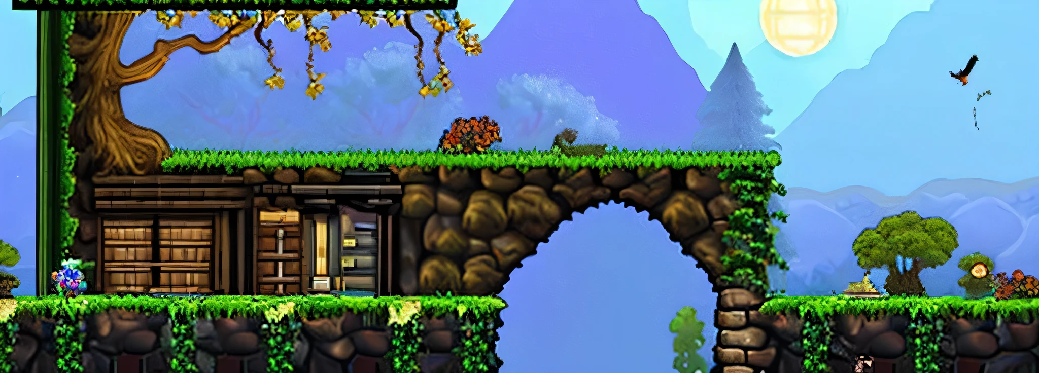 Theme: Castle-Tree Fusion

Game Genre: Metroidvania Platformer

Description:
Design a room that seamlessly blends elements of an ancient, mystical castle with those of a giant, sprawling tree. This hybrid environment should evoke a sense of adventure and mystery, typical of the Metroidvania genre, where exploration and discovery are key.

Key Elements:

Castle Architecture:

Stone Walls and Arches: Incorporate classic medieval stonework, with weathered bricks and moss-covered surfaces.
Stained Glass Windows: Feature intricate designs with vibrant colors, allowing light to filter through and cast beautiful patterns on the floor.
Torches and Chandeliers: Use these for lighting, giving a warm, flickering glow to the room. Some torches may be mounted on the tree's bark.
Gothic Furniture: Add wooden and iron furniture, such as tables, chairs, and bookshelves, blending seamlessly with the tree's roots and branches.
Tree Elements:

Massive Trunk and Branches: The room is built around or within a giant tree. The trunk should be prominent, with branches extending through walls and ceilings.
Roots and Vines: These should snake across the floor, walls, and ceiling, sometimes even forming part of the pathways and platforms.
Natural Light: Utilize gaps in the tree canopy or breaks in the walls to allow natural light to filter in, creating dappled shadows.
Leaves and Flowers: Scatter leaves and flowers around, adding touches of color and life.
Interactive Features:

Hidden Passages: Conceal secret doors behind vines or in the gaps between roots and stone.
Platforms and Ladders: Integrate wooden platforms and ladders that look like they have grown out of the tree, allowing for vertical exploration.
Traps and Obstacles: Include natural and man-made traps, such as thorny vines, falling branches, or collapsing stone floors.
Atmosphere:

Mystical and Ancient: The room should feel like it has been untouched for centuries, with an air of magic and mystery.
Ambient Sounds: Think of creak