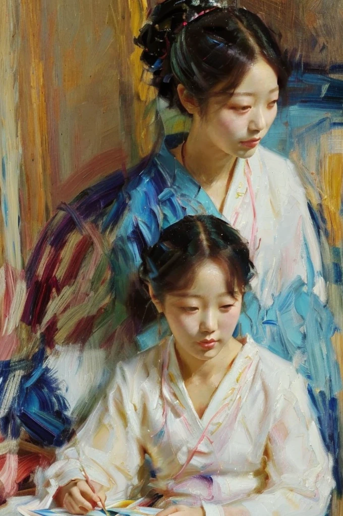 photo of a young Korean girl, Digital art of Wuzhong Shifan, art station, oil painting, comely character painting, marvelous, realistic painting of beautiful girl, comely retrato de anime, comely, Elegant painting, arte de jinyoung shin, Guweiz, stunning digital painting, gestural painting. Atari graphics.