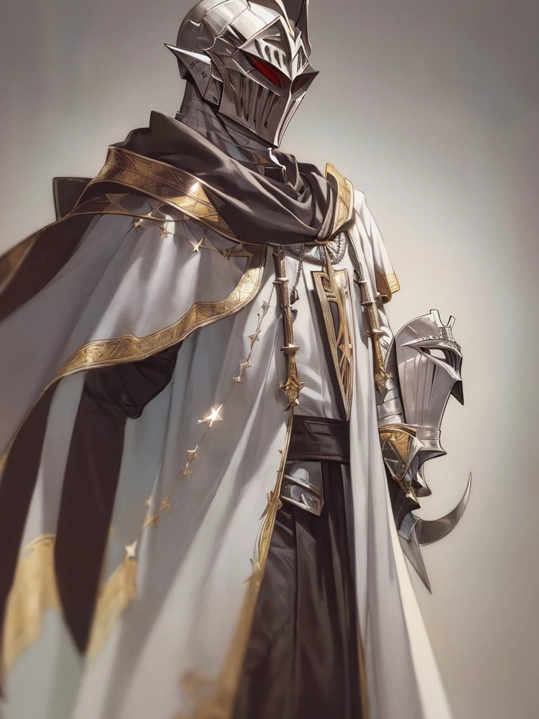 (masterpiece), (best quality),(portrait),1boy,solo,(sharp focus),((knight templar)),Crusader,((ancient)),fantasy,mask,white cloak,fantasy art,neocrusader,wide view,((simple background)),(gray background),