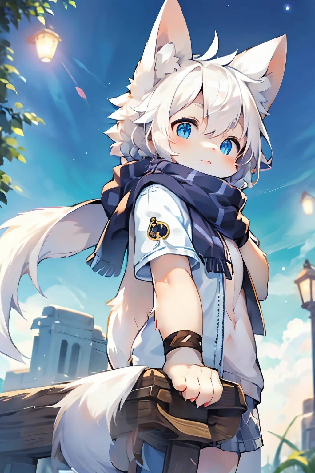 Arctic Fox Girl,Furry girls,Characteristics of female infants and ,White hair,Double braids,White skin,White Arm,scarf,Short skirt,Nordic town background