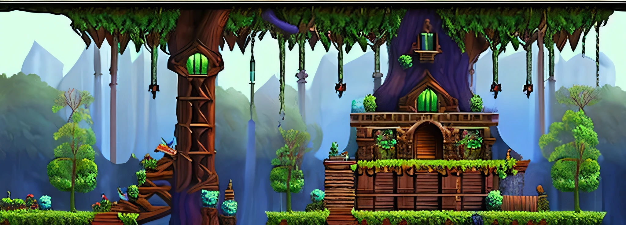 Theme: Castle-Tree Fusion

Game Genre: Metroidvania Platformer

Description:
Design a room that seamlessly blends elements of an ancient, mystical castle with those of a giant, sprawling tree. This hybrid environment should evoke a sense of adventure and mystery, typical of the Metroidvania genre, where exploration and discovery are key.

Key Elements:

Castle Architecture:

Stone Walls and Arches: Incorporate classic medieval stonework, with weathered bricks and moss-covered surfaces.
Stained Glass Windows: Feature intricate designs with vibrant colors, allowing light to filter through and cast beautiful patterns on the floor.
Torches and Chandeliers: Use these for lighting, giving a warm, flickering glow to the room. Some torches may be mounted on the tree's bark.
Gothic Furniture: Add wooden and iron furniture, such as tables, chairs, and bookshelves, blending seamlessly with the tree's roots and branches.
Tree Elements:

Massive Trunk and Branches: The room is built around or within a giant tree. The trunk should be prominent, with branches extending through walls and ceilings.
Roots and Vines: These should snake across the floor, walls, and ceiling, sometimes even forming part of the pathways and platforms.
Natural Light: Utilize gaps in the tree canopy or breaks in the walls to allow natural light to filter in, creating dappled shadows.
Leaves and Flowers: Scatter leaves and flowers around, adding touches of color and life.
Interactive Features:

Hidden Passages: Conceal secret doors behind vines or in the gaps between roots and stone.
Platforms and Ladders: Integrate wooden platforms and ladders that look like they have grown out of the tree, allowing for vertical exploration.
Traps and Obstacles: Include natural and man-made traps, such as thorny vines, falling branches, or collapsing stone floors.
Atmosphere:

Mystical and Ancient: The room should feel like it has been untouched for centuries, with an air of magic and mystery.
Ambient Sounds: Think of creak