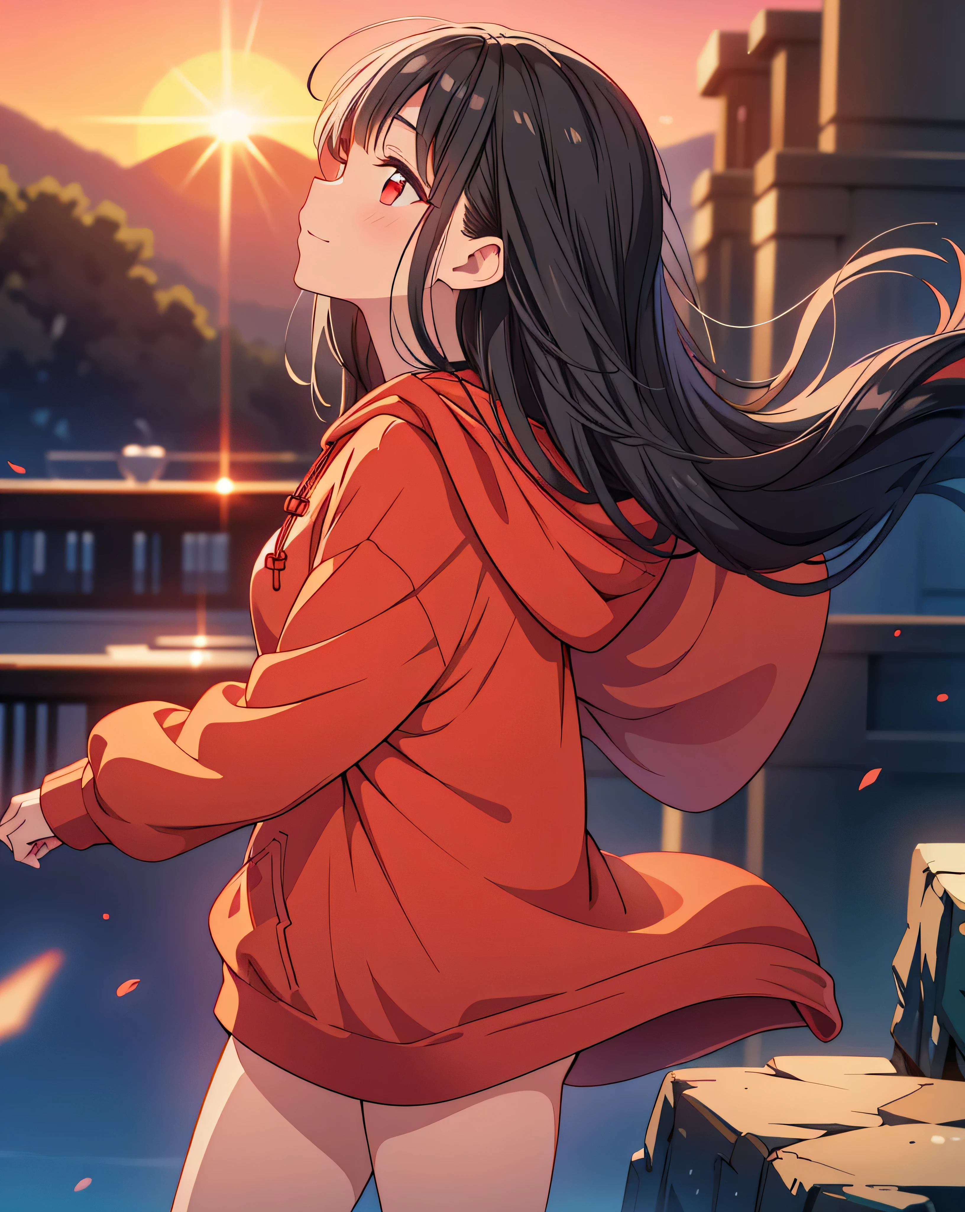 (Highest quality, 32K, High resolution, Masterpiece:1.5), god々A photograph with brilliant dazzling and healing power., Evoking a sense of calm and elusive beauty, Expressing emotions, Have a rich imagination, Beautiful Japanese Girls, An exceptionally beautiful face, ((Profile looking up at the sky:1.3)), Small Face Beauty, Perfect Human Anatomy, Magical big eyes, Motherhood and generosity, Deep Love, A mischievous smile, ((Shiny black hair:1.3)), Super long straight silk hair that sways beautifully in the wind, Asymmetrical bangs, Hair between the eyes, Transparent, soft white skin, Sharp eyebrows, Thin lashes, Natural Makeup, Cheek highlighter, Pale pink detailed lips, ((Red hooded hoodie:1.4)), ((Sunrise background:1.3)), Professional photographer, Professional Lighting, Professional models, God's Secret