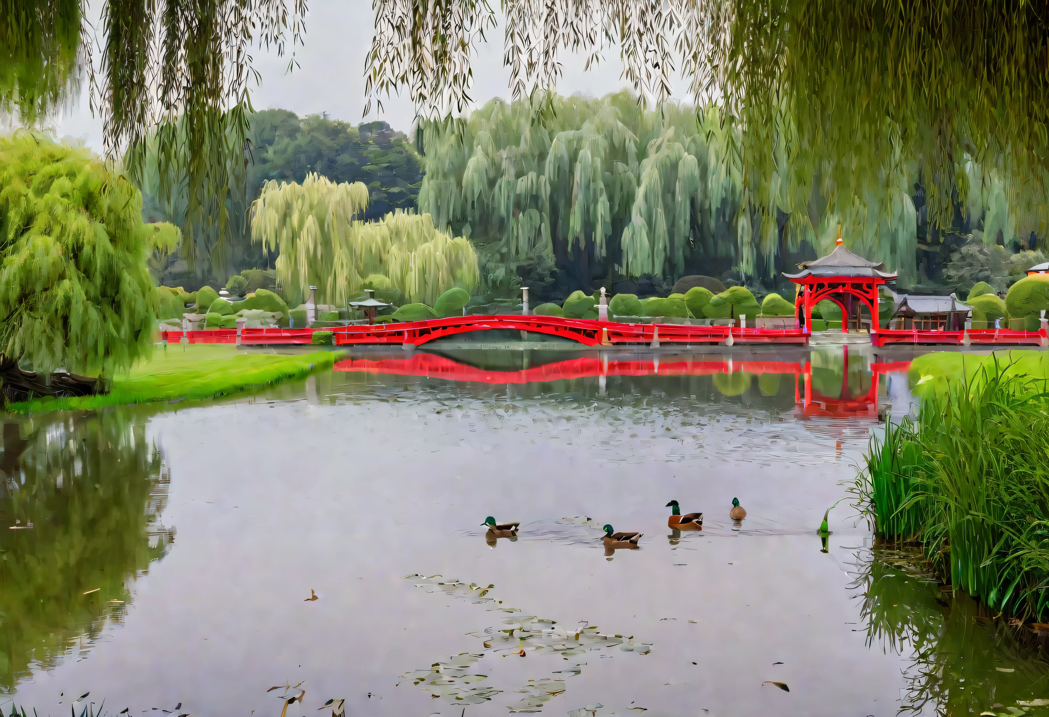 Red bridge,Duck on the water,Willow trees on both sides,Pavilion in the distance