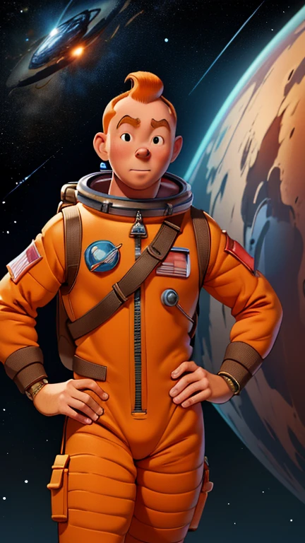 (Teens:1man: Tintin), (extremely detailed CG unit 8k wallpaper),(master part), (best quality), (ultra detali), (best illustration),((pixarstyle:1.25)), cowboy shot, (Sharp eyeliner, ombre, detailed eyes:1),Dark space station interiors background, ,break , (astronaut in an orange space suit), upper body, short hair, orange hair