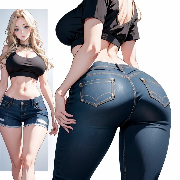 Anime Kawaii sexy Perfect Slim sensual body large breast and huge thighs, An intricate and highly detailed illustration of anime ( girl)  work of art, better_品質, 1 girl, darkskin_female, blond_eyeballs, rot_eyeballs, big fit ass_breastsout, betterar, make up, Shorts, JEANS_Shorts, hackear_main, へそ, tummy, toned, (abdomen:0.8),