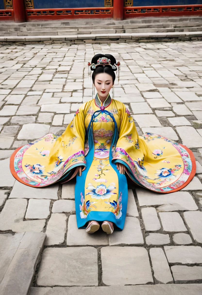 A Qing Dynasty Empress with her legs up and outstretched. On the stone pavement outside the Chinese palace. Qing Dynasty Empress. A Chinese Empress with a large crown. Her hair is decorated with a large hair ornament with gorgeous flowers and a large crown.
Her hair is tied up and pulled up. The background is the stone paving outside the Qing Dynasty.