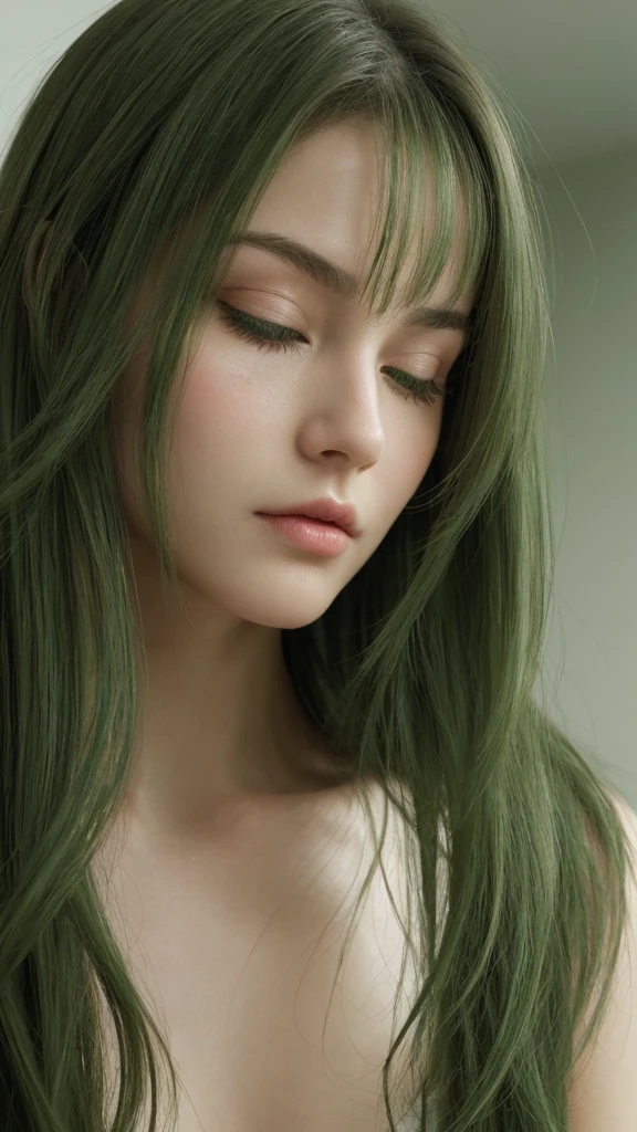 a European girl.  facial details.  delicate facial features.  half-closed eyes.  green eyes.  long straight hairstyle.  messy hair.  green hair.  Bite your lips seductively.  straight face