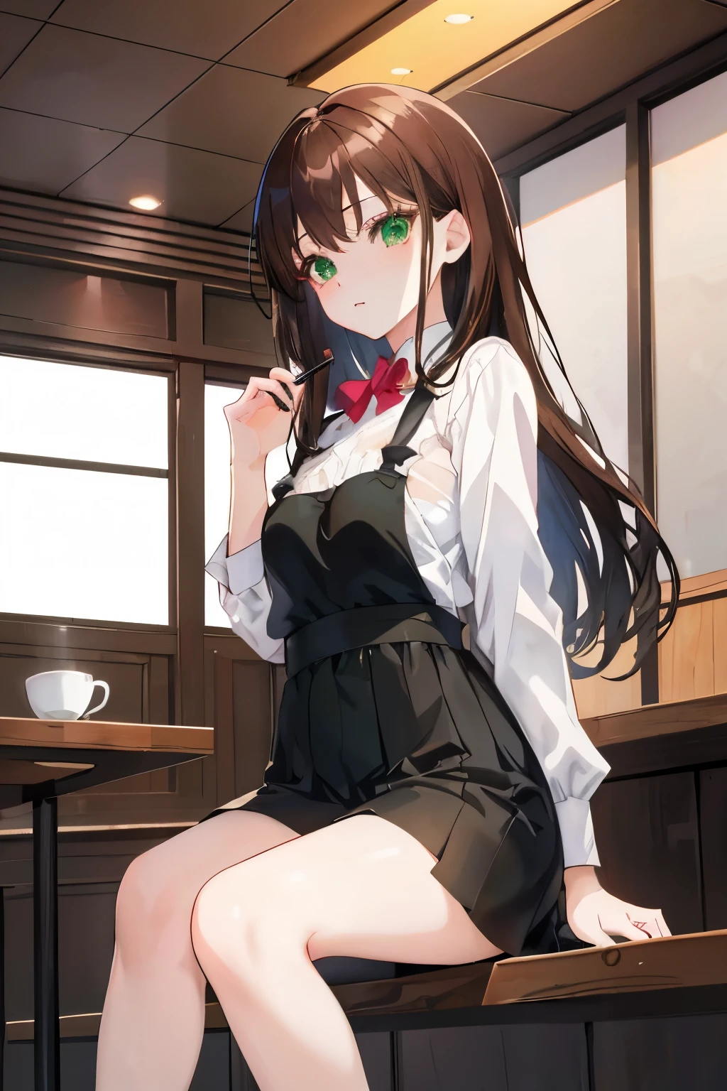 ((masterpiece, Highest quality, High resolution, 超High resolution, Pixel perfect, Written boundary depth, 4K, RTTX 10.0, High resolution))), 1 girl, single, alone, Beautiful Anime Girls, Beautiful art style, Anime characters, ((Shortcuts, bangs, Dark brown hair)), ((Green Eyes:1.4, Round eyes, Beautiful eyelashes, current eyes)), ((Smooth texture:0.75, Anime CG style)), ((Dynamic Angle, close)), Perfect body, (pretty girl), Flat Chest,whole body, Girl sitting at a table drinking coffee, Mysterious Girl from the Coffee Shop, sitting in a cafe, alonesitting in a cafe, Cute anime-like appearance, カフェにalone座っている, everyone, 4K Anime Style, Anime Moe Art Style, Long Hair Anime, At the coffee shop, Cute Anime, 4k anime wallpaper