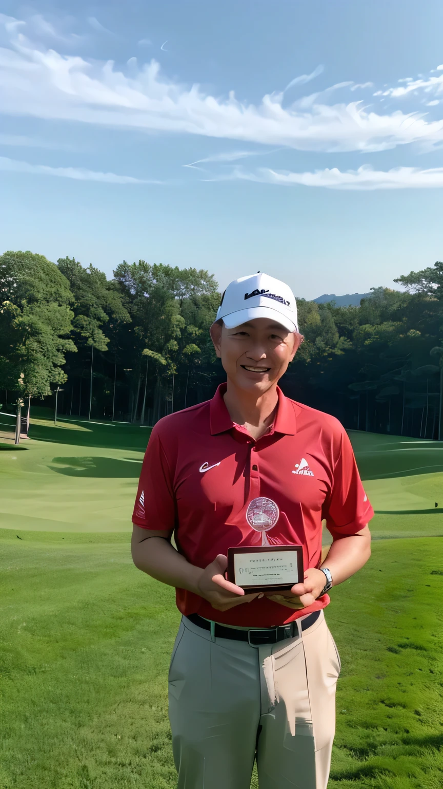 Here is the photograph depicting Lee Dong-hyun,60 old, winning a golf tournament 2024, with red clother, red hat