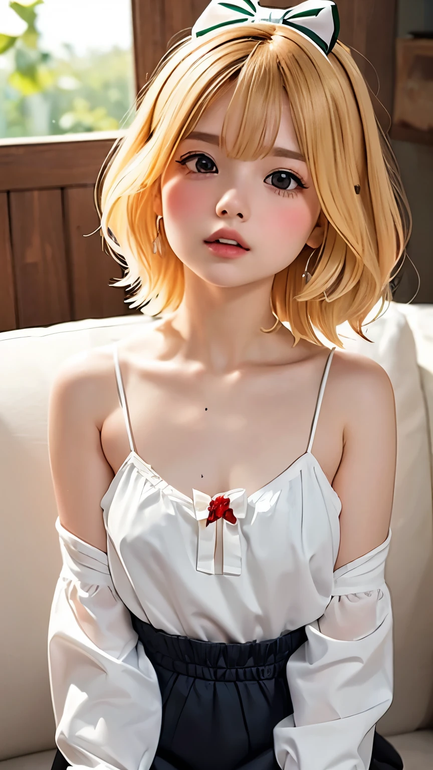 1 girl, Looks about 14 years old, Height about 140 cm, flat chest like a boy, covered erect nipples, Beautifully detailed face:1.3、The whole face fits in the frame:1.6、((She has a big red bow in her hair, just like a doll...:1.6))、 ((very small flat chest:1.7))、(A sheer camisole with a loose fit around the chest:1.7), ((look forward to:1.6))、Pink Eyeshadow:1.6、((Looking into the camera:1.3))、Very beautiful Japanese idol portraits, Blonde Hair:1.7、
(RAW Photos, Highest quality), (Realistic, Realistic:1.4), (masterpiece), 
Very delicate and beautiful, Very detailed, 2k wallpaper, wonderful, finely, Very detailed CG Unity 8k 壁紙, Very detailed, High resolution, Soft Light, 
Beautiful detailed girl, Very detailed目と顔, Beautiful and sophisticated nose, Big beautiful eyes, Cinema Lighting, 
(Simple and solid background:1.3),
(Blonde medium hair:1.5), (Parted bangs), 
Complete Anatomy, Slender body, Very small breasts, Sensual look