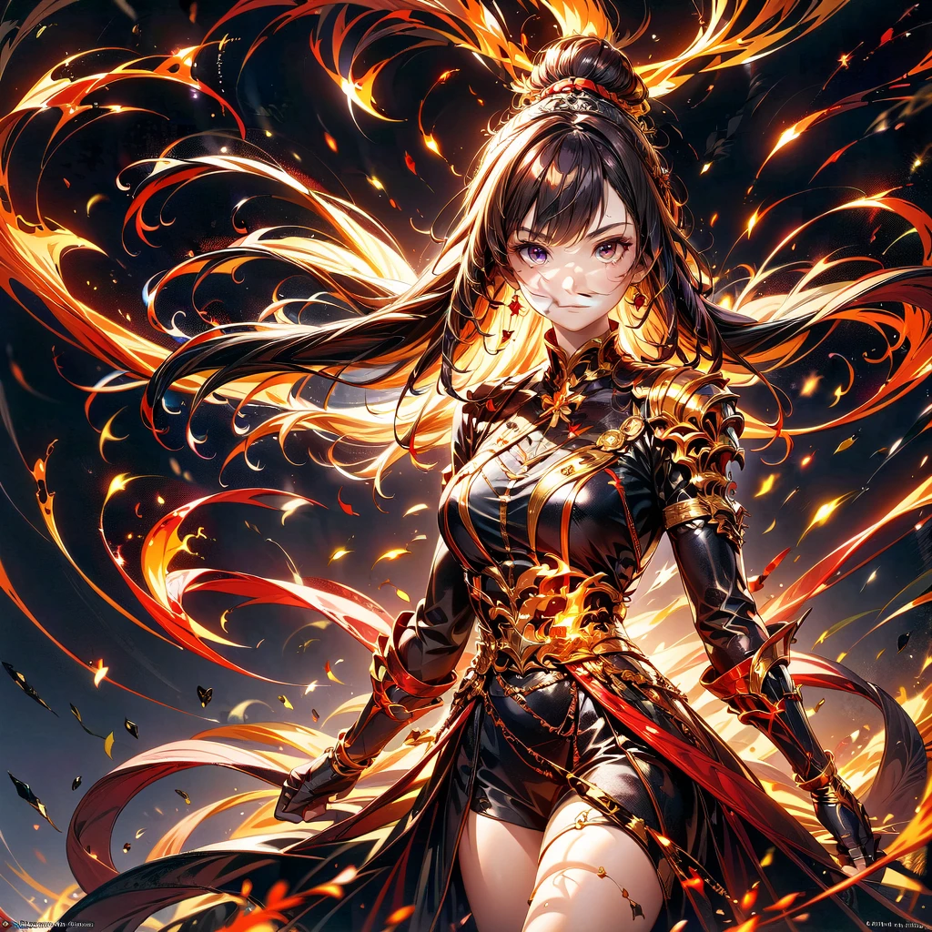 1girl,(((Highest quality、Masterpiece、Official Art、Super detailed、The best dynamic composition、Perfect Anatomy)))、Anime Style、Incarnation of Fire、Girl on Fire、He is accompanied by a fire dragon.、Fractal art of flames、Award-winning works、Holding a fireball in his hand、Serious face、Combat Ready、Cool pose、blow up from below🔥、Gray Hair、