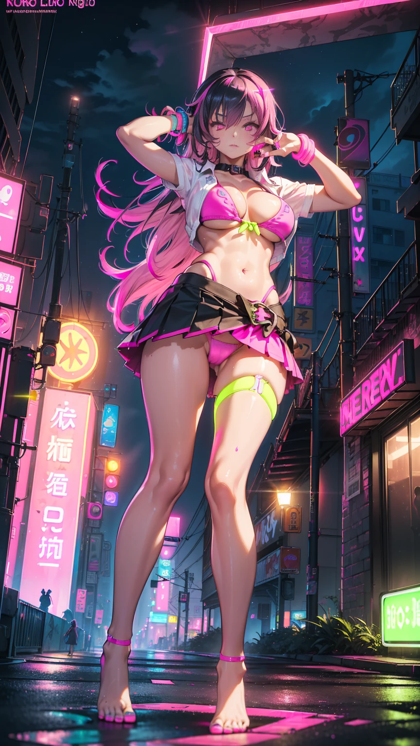 NSFW,Big perfect breasts ((Space Punk Girl)),(((1 girl))),((beautiful Girl)), ((Saggy breasts)), (Black Hair, Inner hair color)), Long Hair , Amazingly long and voluminous hair, ((intricately cut hair)), (((Neon pink eyes: 1.4))), beautiful detailed eyes, Very sexy body, )) )), ((((Well good)))),((top less)),NUDE,(((Cyberpunk Micro Skirt))) (((Light Skin: 1, 5, Sunburned skin, Glowing Skin) )), ((Firm Abdomen)), Wide Hips, Moving objects, Sexy Legs, Detailed body, ((Detailed face)), (Graffiti on clothes), (Completely naked, barefoot) ((Sexy pose)), alone, Embarrassing, High resolution, Sharp focus, (Very detailedな, Very detailed), (Perfect art) (Very detailed), (((Bright colors))), (Background Complex), (Tabletop), (Highest quality), Synthwave Neon Colors, (((beautiful, Conclusion, attractive, erotic))), (((Browsing Caution))), Cyberpunk seaside town at night, Puddle with bright and dark storm clouds and neon sign, scenery: 1 , 30,(((((no panties))))), ((((shoot from below)))), tall, Slender,long Slender legs ,((Thin thighs)), lanky, spread pussy