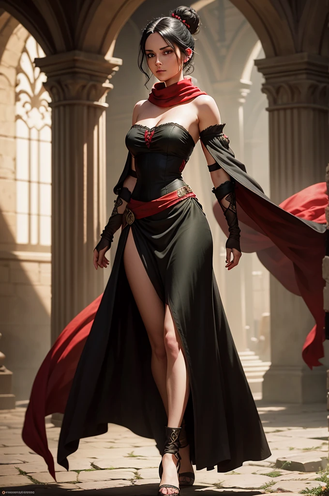 fullbody view, female, green eyes, black hair tied to a bun, strapless full dress, red scarf around her neck, flowy arm sleeves, silk gloves, a fabric is wrapped around her waist