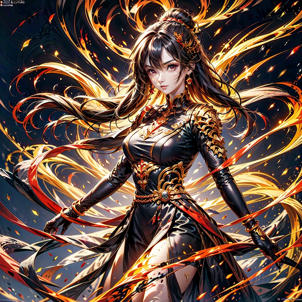 1girl,(((Highest quality、Masterpiece、Official Art、Super detailed、The best dynamic composition、Perfect Anatomy)))、Anime Style、Incarnation of Fire、Girl on Fire、He is accompanied by a fire dragon.、Fractal art of flames、Award-winning works、Holding a fireball in his hand、Serious face、Combat Ready、Cool pose、blow up from below🔥、Gray Hair、