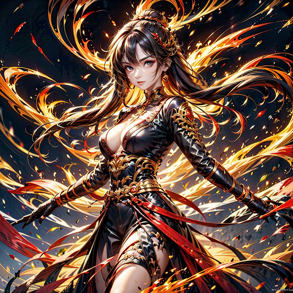 1girl,(((Highest quality、Masterpiece、Official Art、Super detailed、The best dynamic composition、Perfect Anatomy)))、Anime Style、Incarnation of Fire、Girl on Fire、He is accompanied by a fire dragon.、Fractal art of flames、Award-winning works、Holding a fireball in his hand、Serious face、Combat Ready、Cool pose、blow up from below🔥、Gray Hair、