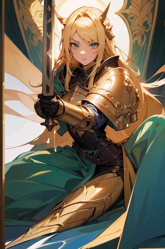 With a sword,Full Body, Female Paladin, Girl in Armor, ((masterpiece)),(Beautiful woman),Detailed facial expressions,Long blonde hair,Green Eyes,Facing the viewer