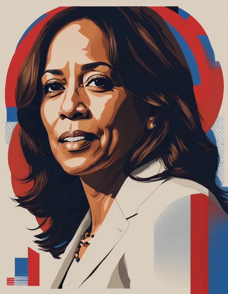 portrait of Kamala Harris celebrity using simple shapes and a red white blue scale limited color palette multiple figures social realism
