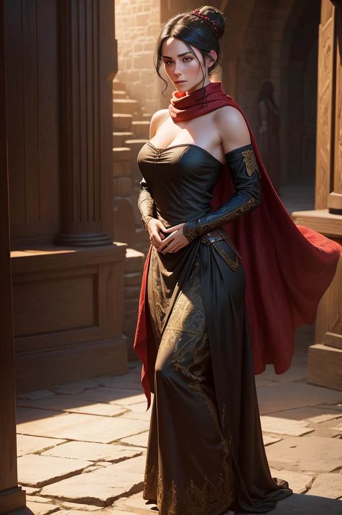 a medieval woman, detailed realistic portrait, full body view, green eyes, black hair tied in a bun, strapless midi dress, red scarf around neck, flowing arm sleeves, silk gloves, highly detailed, photorealistic, 8k, masterpiece, (best quality,4k,8k,highres,masterpiece:1.2),ultra-detailed,(realistic,photorealistic,photo-realistic:1.37),medieval castle, medieval setting, intricate background, dramatic lighting, warm color palette