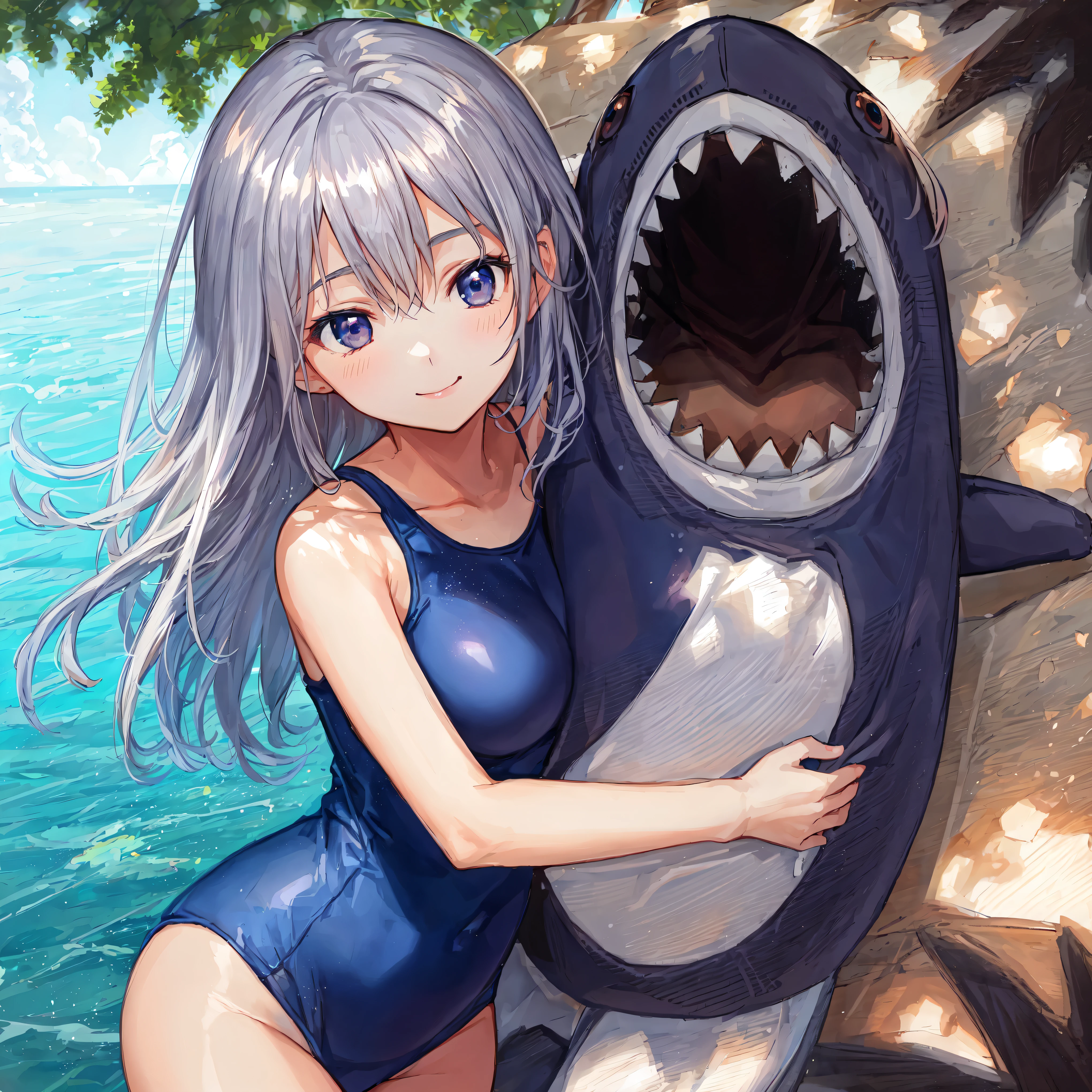 Beautiful illustrations, Highest quality, pretty girl, pastel colour, smile,Mouth closed,In the shade,Place your arms over your face、Thrust your hips,Stuffed shark,Gazing into the distance,My chest is crushed by my arms,From above,School Swimsuit,peace,Photoreal 1;4,Wet hair Silver hair, {{Beautiful medium sized breasts 1:4}},Highest quality,pretty girl,High Quality Backgrounds, Slanted Eyes, Detail of wrinkles on shirt chest,break, {{Beautiful blue eyes 1:4}}, break, Five Fingers