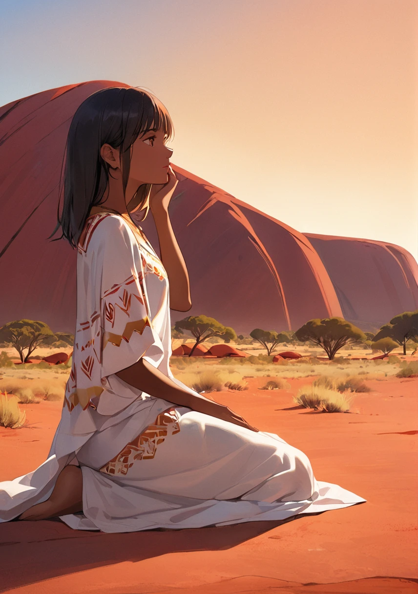 Aboriginal girl at Ayers Rock（Uluru）A scene of praying in front of the。少女はアボリジニがnakedにされ、Her face and body are adorned with ceremonial paint. She stands silently at the foot of Ayers Rock.、I&#39;m praying with open arms。The vast Australian desert spreads out in the background.、It is characterised by red sand and dry vegetation.。The sky is a beautiful shade of orange and purple at dusk.、In the distance you can see the desert horizon。The grandeur of Ayers Rock、Australia&#39;s natural beauty comes together、Create a mysterious and moving scene。(((nsfw)))(((((naked)))))(((((5 years old)))))((((infant))))((((Lolita))))Small breasts、whole body