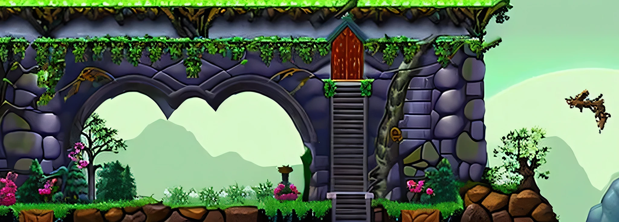 Theme: Castle-Tree Fusion
Game Genre: Metroidvania Platformer
Description:
Design a room that seamlessly blends elements of an ancient, mystical castle with those of a giant, sprawling tree. This hybrid environment should evoke a sense of adventure and mystery, typical of the Metroidvania genre, where exploration and discovery are key.
Key Elements:
Castle Architecture:
Stone Walls and Arches: Incorporate classic medieval stonework, with weathered bricks and moss-covered surfaces.
Stained Glass Windows: Feature intricate designs with vibrant colors, allowing light to filter through and cast beautiful patterns on the floor.
Torches and Chandeliers: Use these for lighting, giving a warm, flickering glow to the room. Some torches may be mounted on the tree's bark.
Gothic Furniture: Add wooden and iron furniture, such as tables, chairs, and bookshelves, blending seamlessly with the tree's roots and branches.
Tree Elements:
Massive Trunk and Branches: The room is built around or within a giant tree. The trunk should be prominent, with branches extending through walls and ceilings.
Roots and Vines: These should snake across the floor, walls, and ceiling, sometimes even forming part of the pathways and platforms.
Natural Light: Utilize gaps in the tree canopy or breaks in the walls to allow natural light to filter in, creating dappled shadows.
Leaves and Flowers: Scatter leaves and flowers around, adding touches of color and life.
Interactive Features:
Hidden Passages: Conceal secret doors behind vines or in the gaps between roots and stone.
Platforms and Ladders: Integrate wooden platforms and ladders that look like they have grown out of the tree, allowing for vertical exploration.
Traps and Obstacles: Include natural and man-made traps, such as thorny vines, falling branches, or collapsing stone floors.
Atmosphere:
Mystical and Ancient: The room should feel like it has been untouched for centuries, with an air of magic and mystery.
Ambient Sounds: Think of creak