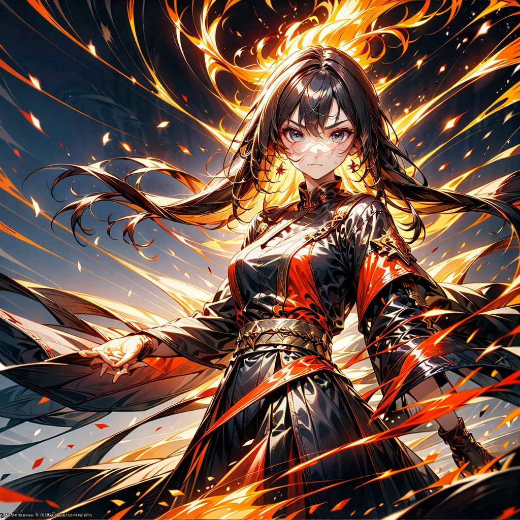 1girl,(((Highest quality、Masterpiece、Official Art、Super detailed、The best dynamic composition、Perfect Anatomy)))、Anime Style、Incarnation of Fire、Girl on Fire、He is accompanied by a fire dragon.、Fractal art of flames、Award-winning works、Holding a fireball in his hand、Serious face、Combat Ready、Cool pose、blow up from below🔥、Gray Hair、