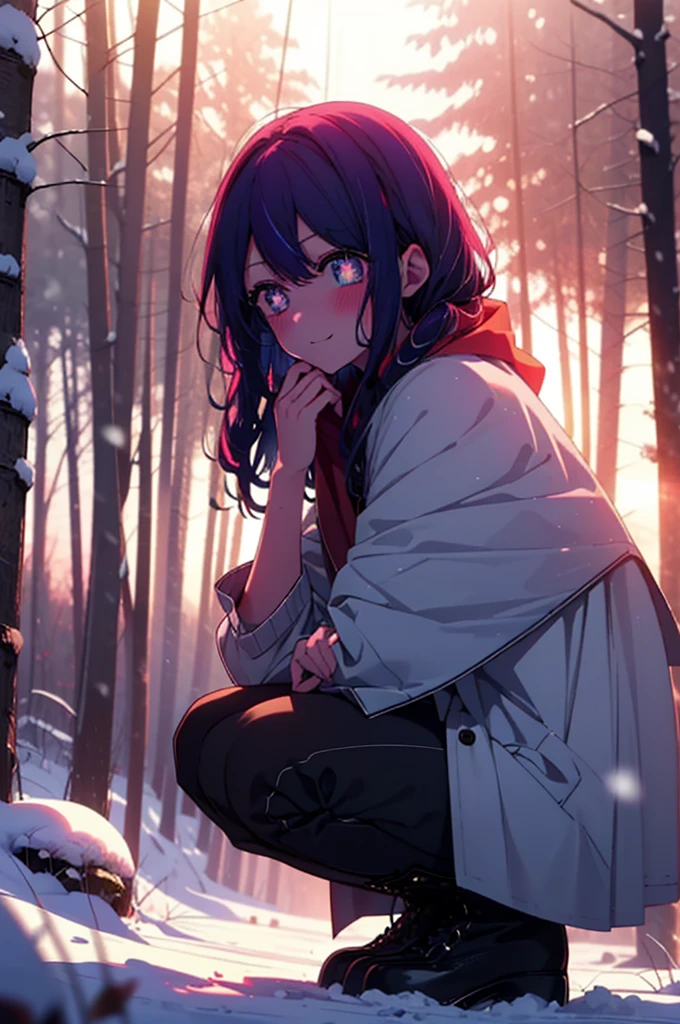 aihoshino, Ai Hoshino, Long Hair, bangs, (Purple eyes:1.1), Purple Hair, (Symbol-shaped pupil:1.5), smile,,smile,blush,white breath,
Open your mouth,snow,Ground bonfire, Outdoor, boots, snowing, From the side, wood, suitcase, Cape, Blurred, , forest, White handbag, nature, Squat, Mouth closed, Cape, winter, Written boundary depth, Black shoes, red Cape break looking at viewer, Upper Body, whole body, break Outdoor, forest, nature, break (masterpiece:1.2), Highest quality, High resolution, unity 8k wallpaper, (shape:0.8), (Beautiful and beautiful eyes:1.6), Highly detailed face, Perfect lighting, Extremely detailed CG, (Perfect hands, Perfect Anatomy),