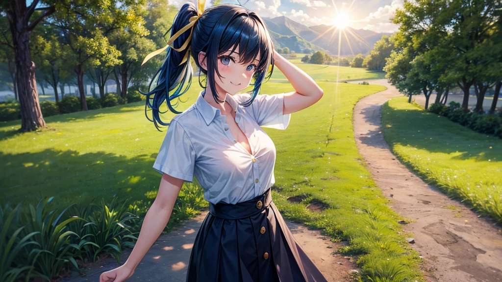 1girl, solo, full body, rural landscape, village, trees, sun, clouds, blue hair, long hair, small side ponytails, large breasts, button down shirt, ((white shirt)), ((short sleeved shirt)), ((unbuttoned shirt)), popping buttons, unbuttoning buttons, cleavage 1:3, brown eyes, dark skirt, grin, looking at the viewer, hair ribbon, golden necklate
