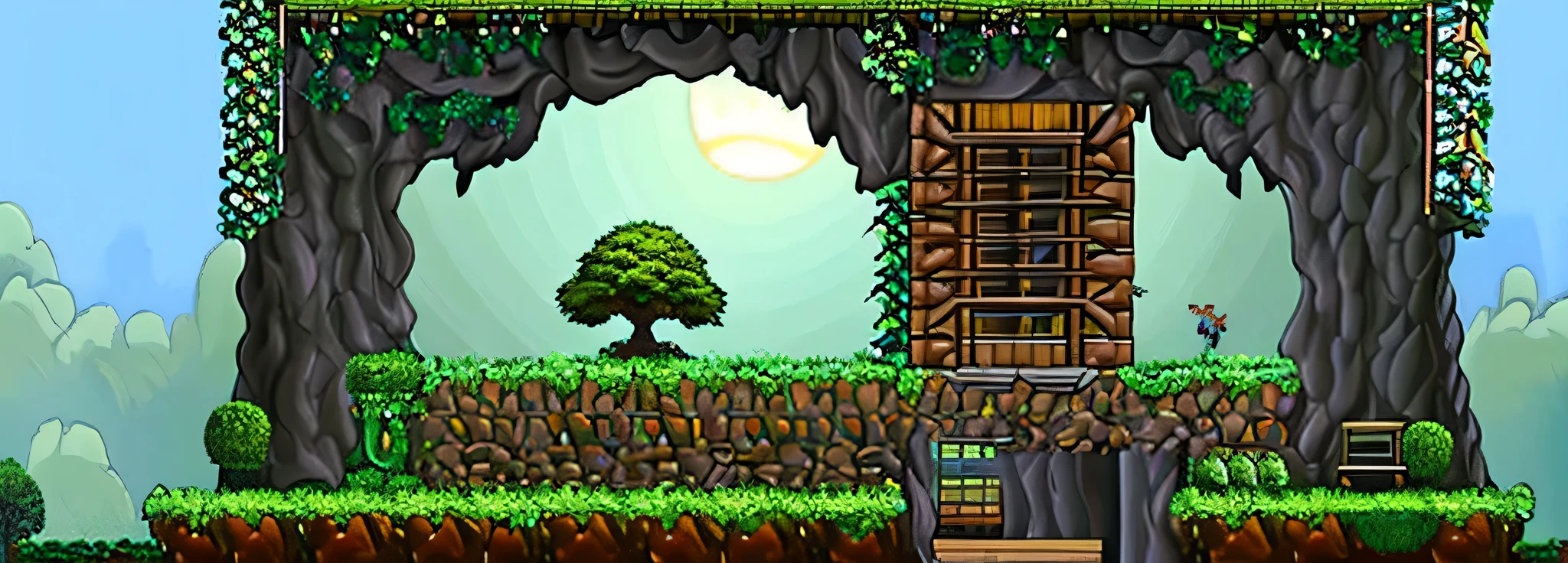 Theme: Castle-Tree Fusion
Game Genre: Metroidvania Platformer
Description:
Design a room that seamlessly blends elements of an ancient, mystical castle with those of a giant, sprawling tree. This hybrid environment should evoke a sense of adventure and mystery, typical of the Metroidvania genre, where exploration and discovery are key.
Key Elements:
Castle Architecture:
Stone Walls and Arches: Incorporate classic medieval stonework, with weathered bricks and moss-covered surfaces.
Stained Glass Windows: Feature intricate designs with vibrant colors, allowing light to filter through and cast beautiful patterns on the floor.
Torches and Chandeliers: Use these for lighting, giving a warm, flickering glow to the room. Some torches may be mounted on the tree's bark.
Gothic Furniture: Add wooden and iron furniture, such as tables, chairs, and bookshelves, blending seamlessly with the tree's roots and branches.
Tree Elements:
Massive Trunk and Branches: The room is built around or within a giant tree. The trunk should be prominent, with branches extending through walls and ceilings.
Roots and Vines: These should snake across the floor, walls, and ceiling, sometimes even forming part of the pathways and platforms.
Natural Light: Utilize gaps in the tree canopy or breaks in the walls to allow natural light to filter in, creating dappled shadows.
Leaves and Flowers: Scatter leaves and flowers around, adding touches of color and life.
Interactive Features:
Hidden Passages: Conceal secret doors behind vines or in the gaps between roots and stone.
Platforms and Ladders: Integrate wooden platforms and ladders that look like they have grown out of the tree, allowing for vertical exploration.
Traps and Obstacles: Include natural and man-made traps, such as thorny vines, falling branches, or collapsing stone floors.
Atmosphere:
Mystical and Ancient: The room should feel like it has been untouched for centuries, with an air of magic and mystery.
Ambient Sounds: Think of creak