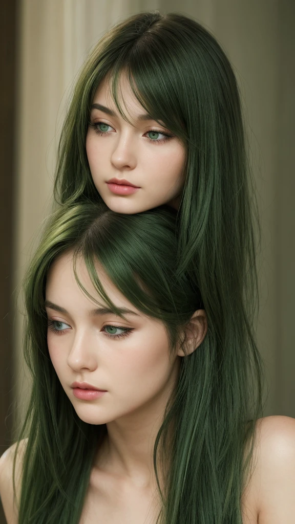 a European girl. facial details. delicate facial features. half-closed eyes. green eyes. long straight hairstyle. messy hair. green hair. Bite your lips seductively. straight face