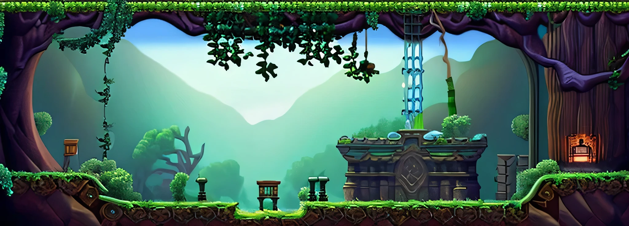 Theme: Castle-Tree Fusion
Game Genre: Metroidvania Platformer
Description:
Design a room that seamlessly blends elements of an ancient, mystical castle with those of a giant, sprawling tree. This hybrid environment should evoke a sense of adventure and mystery, typical of the Metroidvania genre, where exploration and discovery are key.
Key Elements:
Castle Architecture:
Stone Walls and Arches: Incorporate classic medieval stonework, with weathered bricks and moss-covered surfaces.
Stained Glass Windows: Feature intricate designs with vibrant colors, allowing light to filter through and cast beautiful patterns on the floor.
Torches and Chandeliers: Use these for lighting, giving a warm, flickering glow to the room. Some torches may be mounted on the tree's bark.
Gothic Furniture: Add wooden and iron furniture, such as tables, chairs, and bookshelves, blending seamlessly with the tree's roots and branches.
Tree Elements:
Massive Trunk and Branches: The room is built around or within a giant tree. The trunk should be prominent, with branches extending through walls and ceilings.
Roots and Vines: These should snake across the floor, walls, and ceiling, sometimes even forming part of the pathways and platforms.
Natural Light: Utilize gaps in the tree canopy or breaks in the walls to allow natural light to filter in, creating dappled shadows.
Leaves and Flowers: Scatter leaves and flowers around, adding touches of color and life.
Interactive Features:
Hidden Passages: Conceal secret doors behind vines or in the gaps between roots and stone.
Platforms and Ladders: Integrate wooden platforms and ladders that look like they have grown out of the tree, allowing for vertical exploration.
Traps and Obstacles: Include natural and man-made traps, such as thorny vines, falling branches, or collapsing stone floors.
Atmosphere:
Mystical and Ancient: The room should feel like it has been untouched for centuries, with an air of magic and mystery.
Ambient Sounds: Think of creak