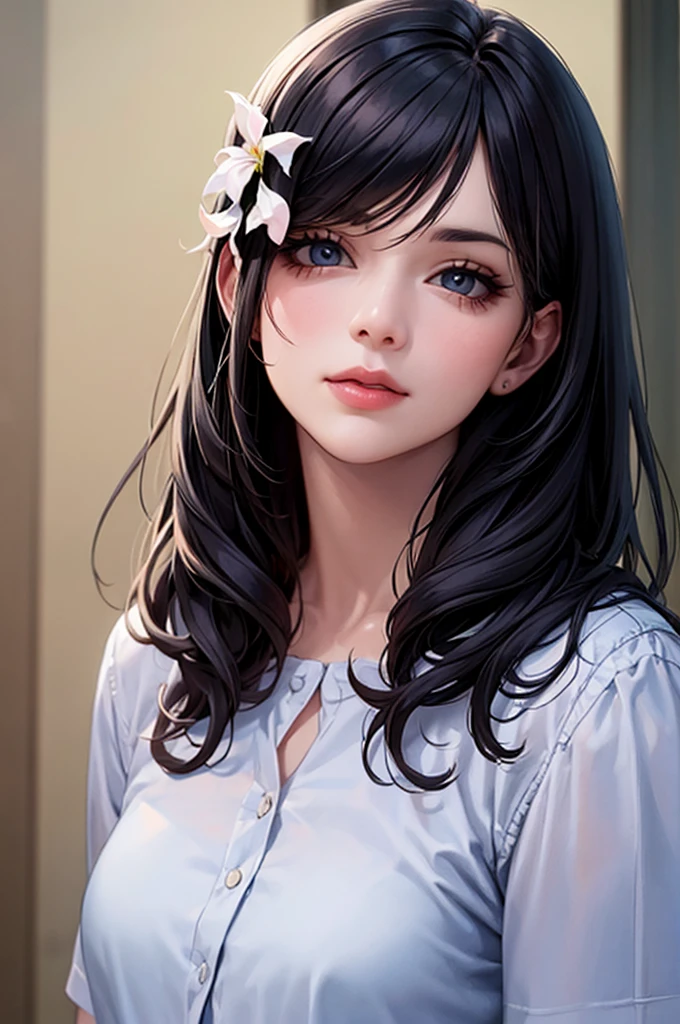 anime girl, Realistic Shadows, Detailed skin, Small breasts, Black Hair, Very detailed, 8kのVery detailedな顔, perfect face shape, Perfect Lips, Perfect Nose, Correct beautiful eyes, Audience, White shirt, Hair Flowers, masterpiece, Highest quality, Single women, alone