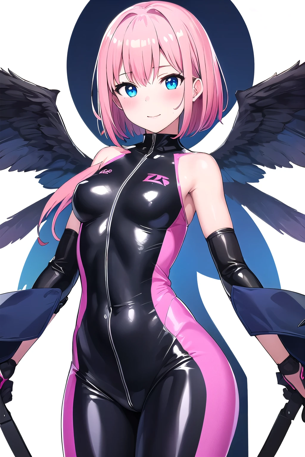girl,boyish,bob hair, pink Hair, medium Breasts,Black glossy tight suit,Cowboy Shot,blush,sexy face,blue eyes,front leg pose,Tight fit,clearly,Striped pattern, white background, Angel Wings