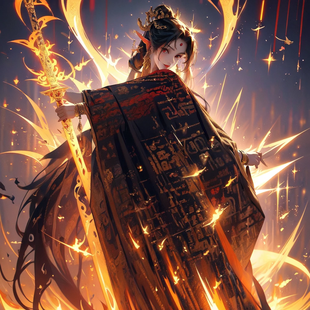 1 female goddess, dragon horns, golden dragon slit eyes, ultra high quality, ultra high resolution, big breasts, slender yet curvaceous body, pointed ears, kind yet cruel smile, golden chain with a ruby dagger pendant, wearing red robes with intricate gold designs big eyes, perfect body, golden pagoda background, with no people, old chinese martial background, long spear of pure black colour and embedded gold patterns.