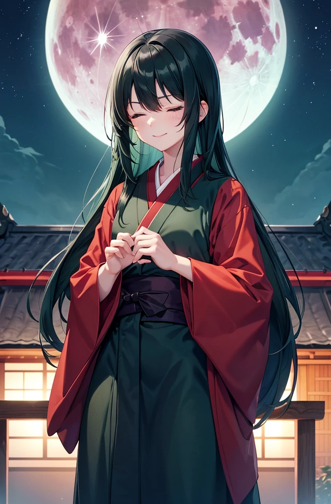 Blue eyes, dark dark green hair, dark green hair color, voluminous dark green hair, voluminous dark green hair, long straight hair,
both eyes closed, eyes closed, dressed like Basilisk Oboro,
Plain purple kimono, face in focus
voluminous dark green hair,
Jet-black night sky, large red full moon in the sky
Big red full moon in the sky,
in front of the house, in front of the house
Both eyes closed
Standing pose
Big red moon, moonlight, focus on face, fresh smile, big droopy blue eyes
