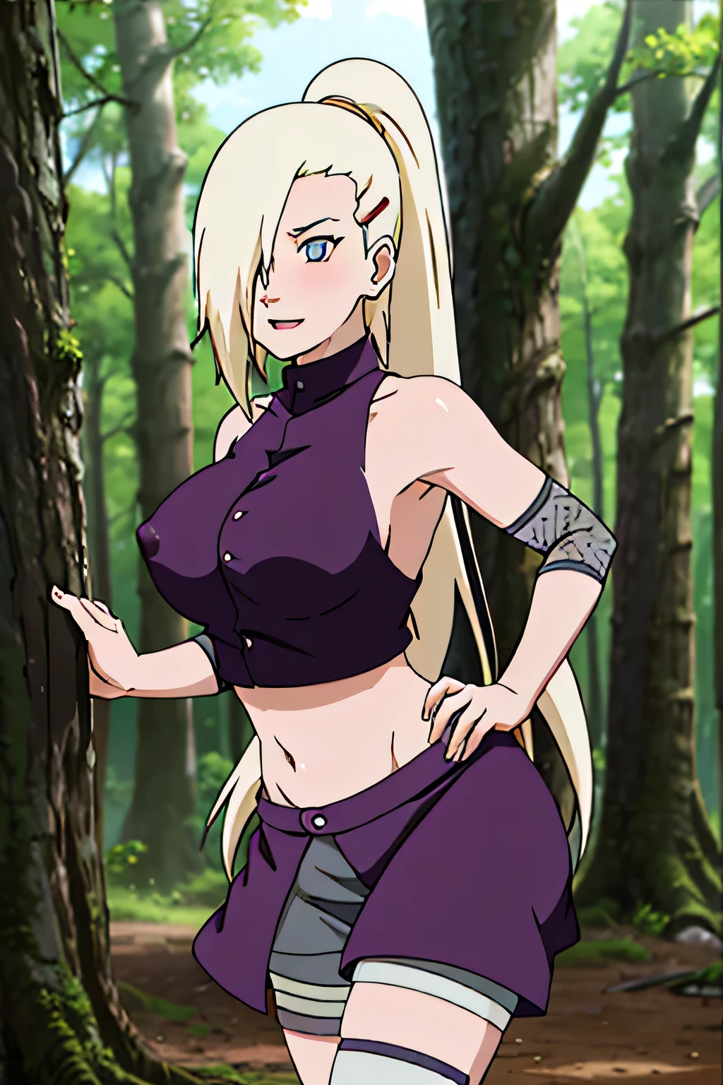 Ino Yamanaka, Naked, Naked, Naked, charming, Groin, cowboy shoot, Extraordinarily detailed face,In the forest, sunny day, Daytime, upper body view, anime style, alone, House details, Blonde, ((One eye is covered with fur., Hair over the eyes)), Medium bust, Belly button, looking at the audience, ( curved body), hidden eyes, smile, open mouth, very happy, high, Hair clips, Looks sharp, Sharp face, Sharp eyes, cool colors,Knees up,Beautiful legs,taking a shower((Beautiful nipples, Medium ,Show your legs,Soaking wet, blushing)), Wet skin, Wet hair, I shake my back., Daytime, Soaking wet in oil, drops of oil, water dripping, running water, ความละเอียดhigh, best quality, sexy
