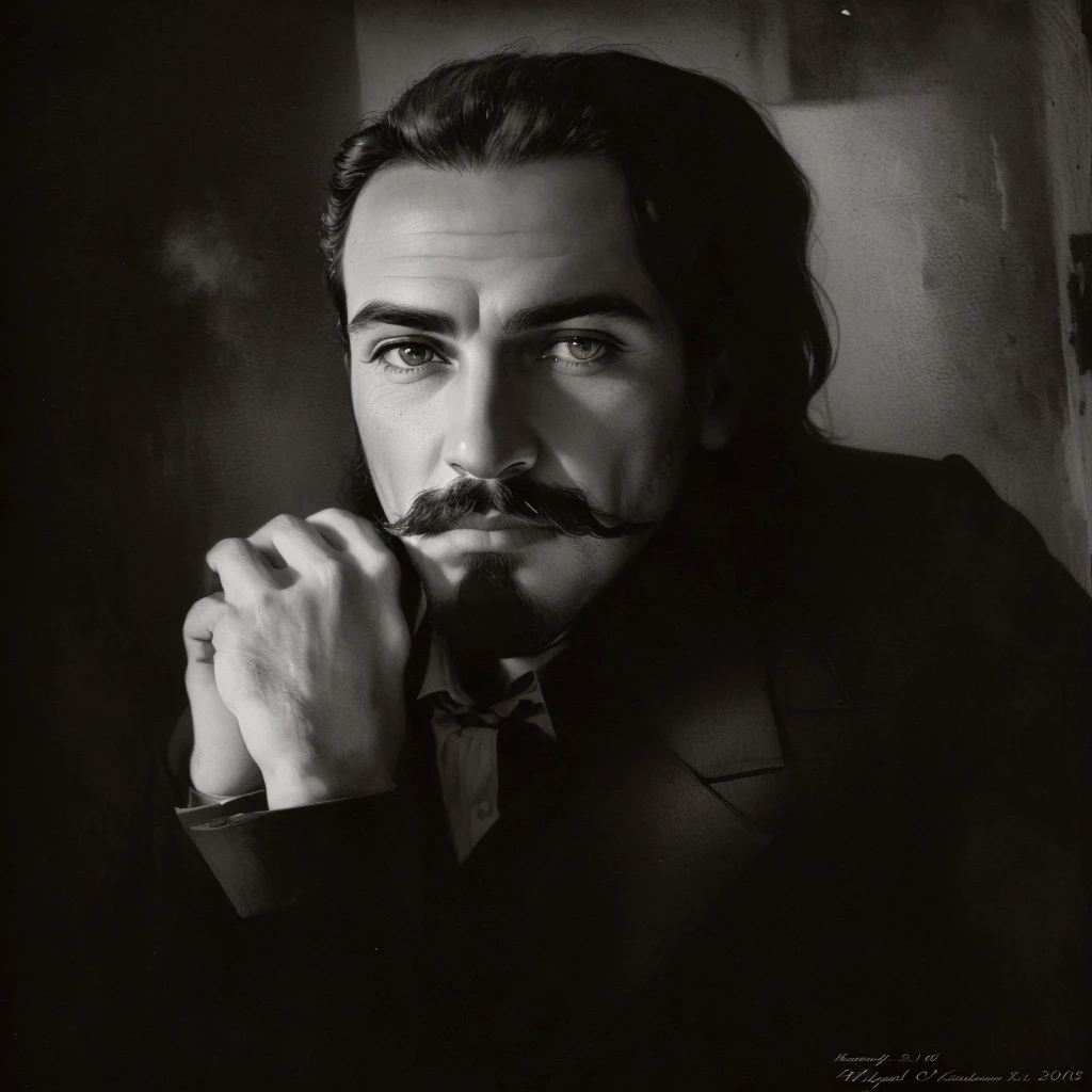 Arafed black and white photo of a man with a mustache, inspired by Yusuf Karsh, Film Portrait, black and white portrait, editorial portrait, photography portrait, cinematic headshot, close up portrait photo, Portrait black and white, inspired by Mikhail Yuryevich Lermontov, portrait 3 5 mm, portrait photo, fine art portrait photography