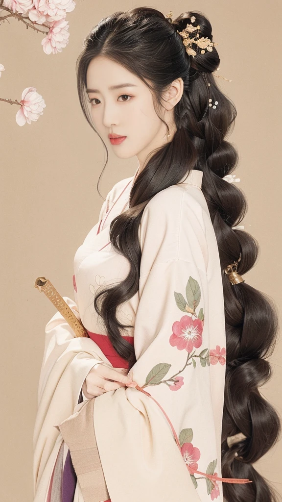 Generate a realistic、Dreamy Japanese samurai girl pictures。Girl wearing pink cherry blossom kimono,Long and flowing black hair,There are a few strands of hair scattered on the forehead。Her eyes are dark blue,Firm and mysterious gaze,Ruddy lips open slightly,A calm expression with a hint of sadness。The girl pulled out an exquisite samurai sword,The blade is black,Flashing with cold light。Cherry blossom branches entwine around the girl,The petals fall in the wind,Create a romantic and slightly sad atmosphere。Background is a blurred pink and purple gradient,Dotted with sporadic spots of light,Enhances the overall dreamy feeling。The overall tone of the picture is soft,Delicate light and shadow effects,Highlights the beauty of the girl and the warrior。