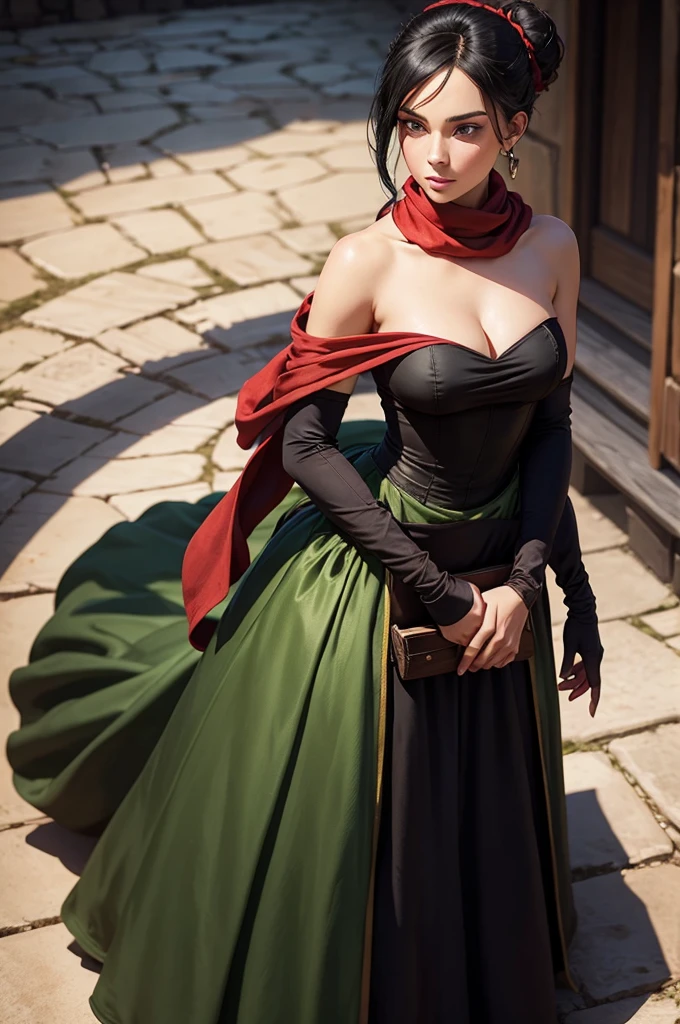 medieval setting, fullbody view, female, green eyes, black hair tied to a bun, strapless midi dress, red scarf around her neck, flowy arm sleeves, silk gloves